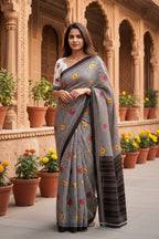 Soft Pure Mulmul Cotton Printed Saree With Unstitched Blouse(Black)