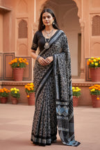 Mulmul Cotton Batik Print Saree With Unstitched Blouse(Blue)