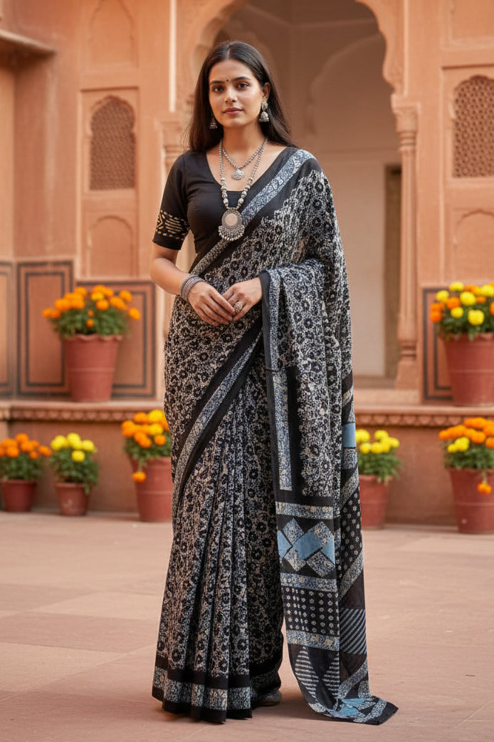 Mulmul Cotton Batik Print Saree With Unstitched Blouse(Blue)
