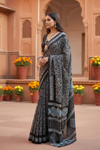 Mulmul Cotton Batik Print Saree With Unstitched Blouse(Blue)