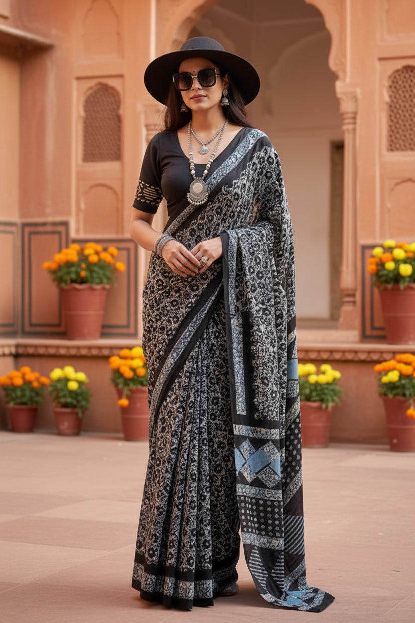 Mulmul Cotton Batik Print Saree With Unstitched Blouse(Blue)