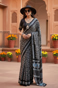 Mulmul Cotton Batik Print Saree With Unstitched Blouse(Blue)