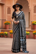 Mulmul Cotton Batik Print Saree With Unstitched Blouse(Blue)