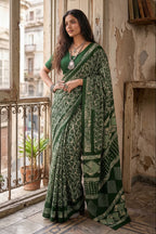 Mulmul Cotton Batik Print Saree With Unstitched Blouse(Green)
