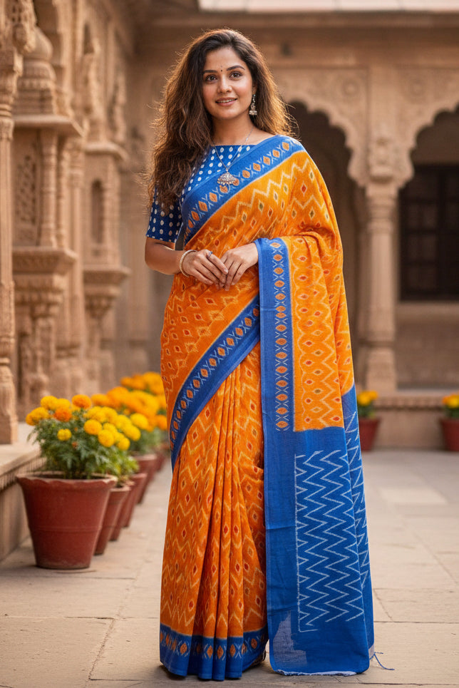 Mulmul Cotton Designer Saree With Unstitched Blouse(Turmeric)