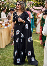 Load image into Gallery viewer, Mulmul Cotton Floral Printed Saree With Unstitched Blouse(Black)
