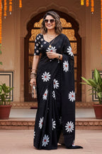 Mulmul Cotton Floral Printed Saree With Unstitched Blouse(Black)