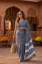 Load image into Gallery viewer, Mulmul Cotton Printed Saree With Unstitched Blouse(Grey)
