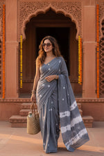 Load image into Gallery viewer, Mulmul Cotton Printed Saree With Unstitched Blouse(Grey)
