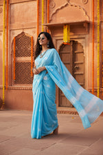 Load image into Gallery viewer, Mulmul Cotton Printed Saree With Unstitched Blouse( Blue)
