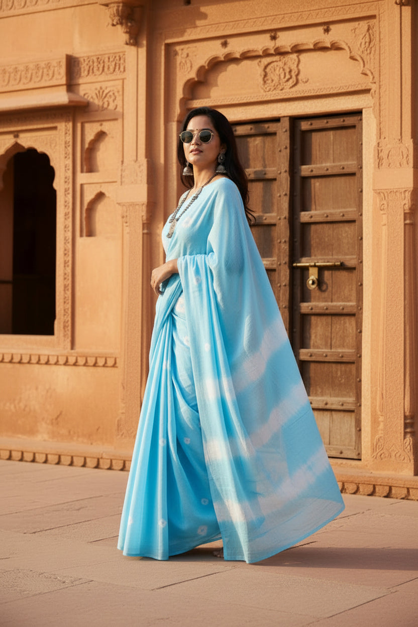 Mulmul Cotton Printed Saree With Unstitched Blouse( Blue)
