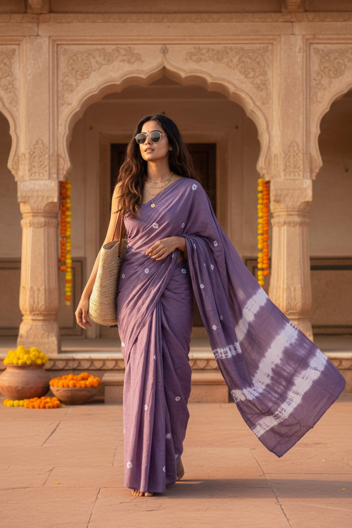 Mulmul Cotton Designer Saree With Unstitched Blouse(Lavender)