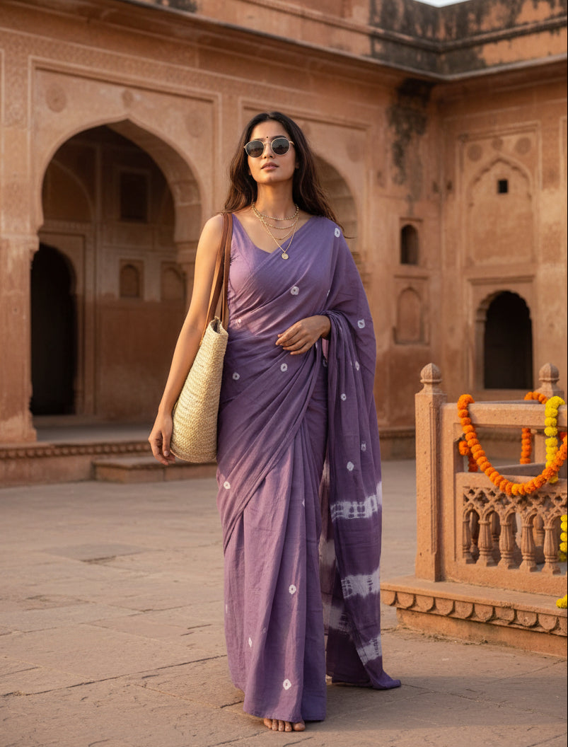 Mulmul cotton designer saree with unstitched blouse(lavender)