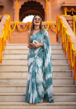 Load image into Gallery viewer, Mulmul Cotton Printed Saree with Unstitched Blouse(Blue)
