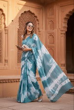 Load image into Gallery viewer, Mulmul Cotton Printed Saree with Unstitched Blouse(Blue)
