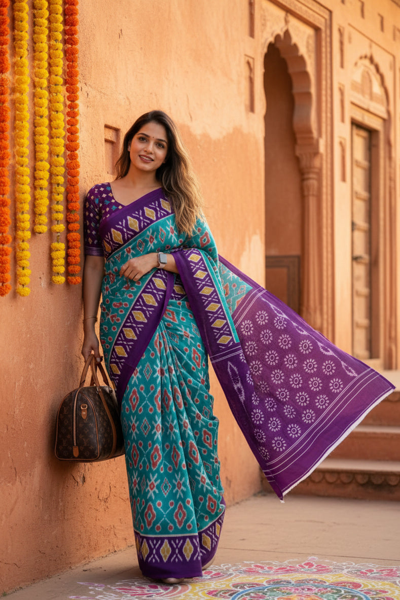 Pure cotton ikkat print saree with unstitched blouse(blue)