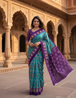 Load image into Gallery viewer, Pure Cotton Ikkat Print saree With Unstitched Blouse(Blue)
