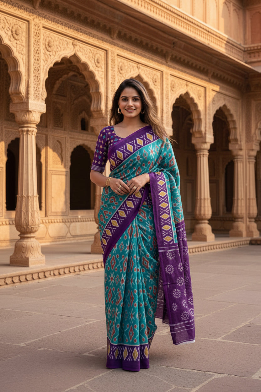 Pure Cotton Ikkat Print saree With Unstitched Blouse(Blue)