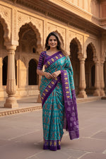 Load image into Gallery viewer, Pure Cotton Ikkat Print saree With Unstitched Blouse(Blue)
