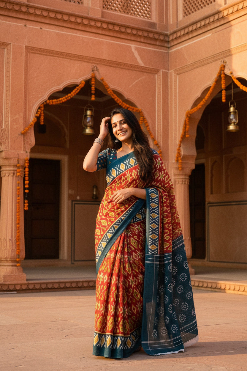 Pure cotton ikkat print saree with unstitched blouse(orange)