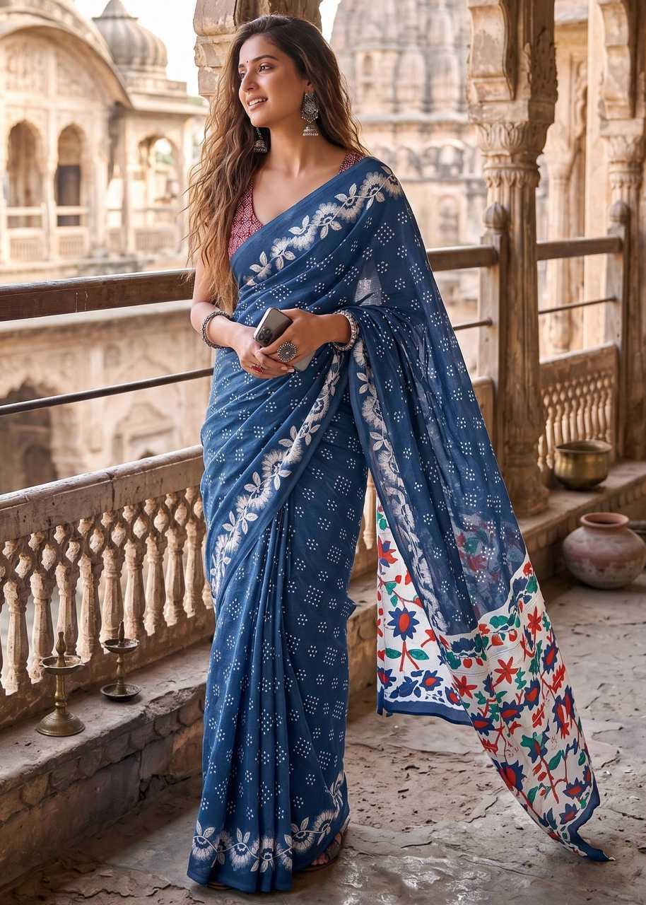 Pure Cotton Bagru Block Printed Saree With Unstitched Blouse(Blue)