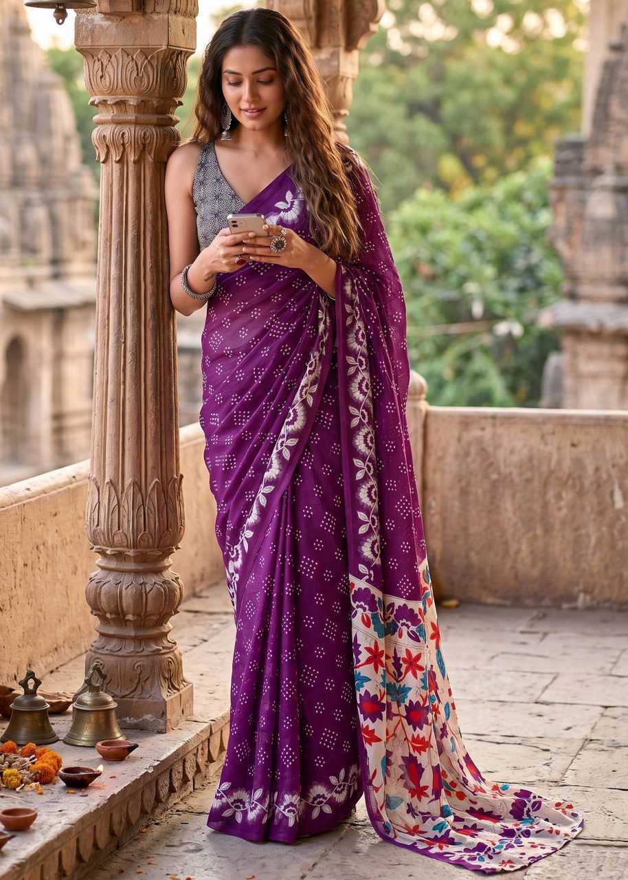 Pure Cotton Bagru Block Printed Saree With Unstitched Blouse(Purple)