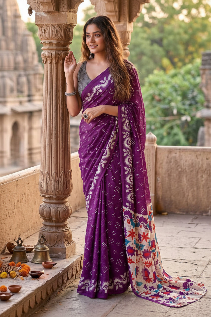 Pure Cotton Bagru Block Printed Saree With Unstitched Blouse(Purple)