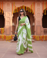 Load image into Gallery viewer, Mulmul Cotton Designer Saree With Unstitched Blouse(Green)

