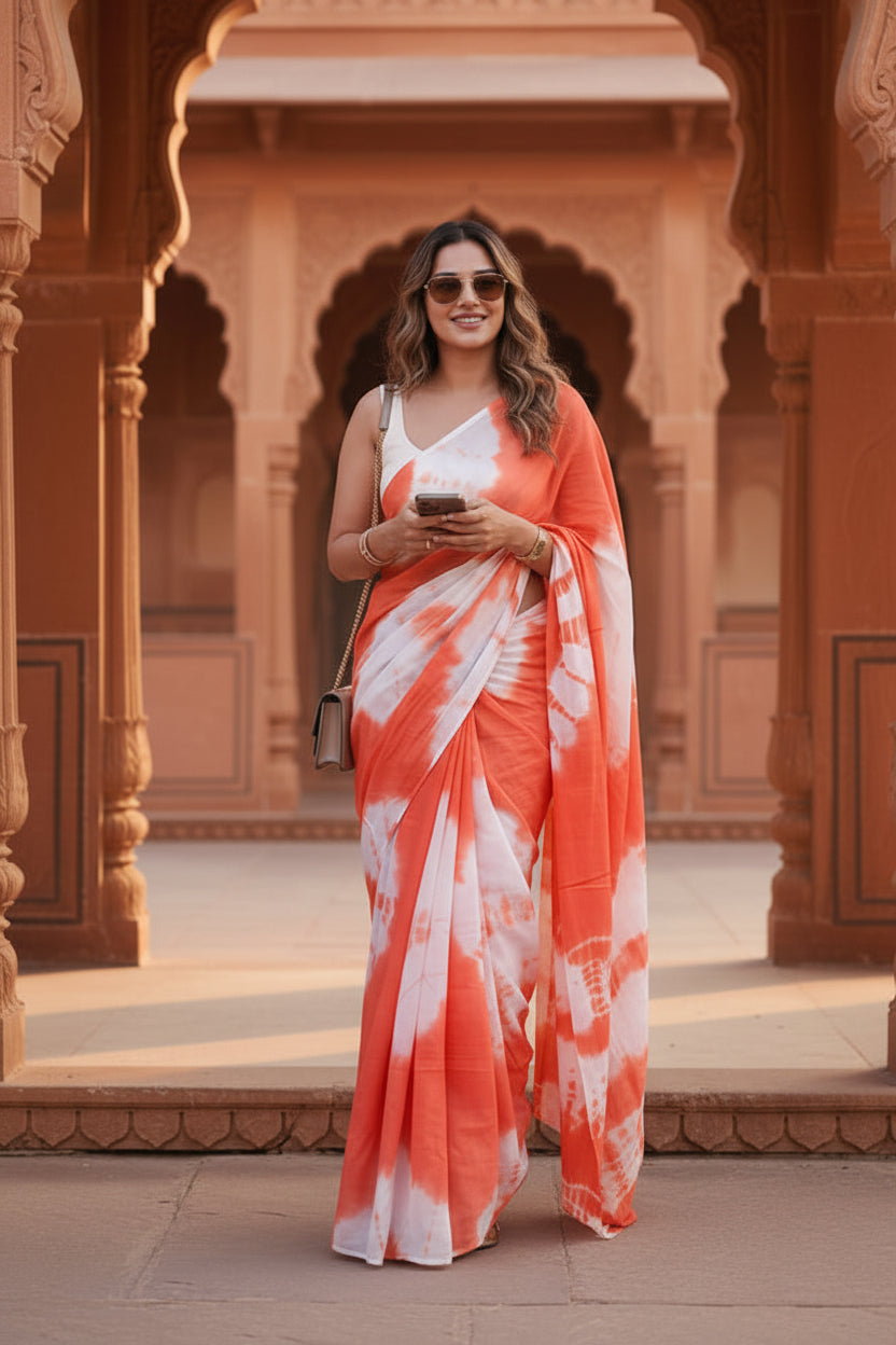 Mulmul cotton designer saree with unstitched blouse(orange)