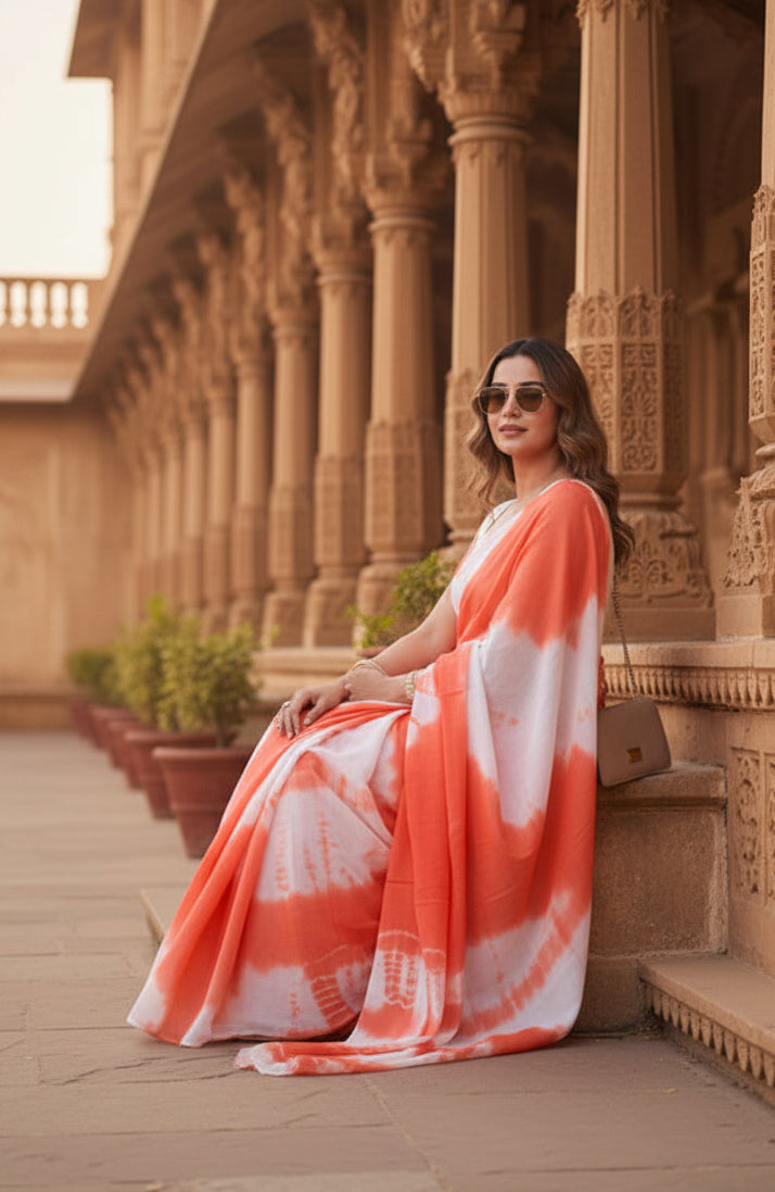Mulmul Cotton Designer Saree With Unstitched Blouse(Orange)