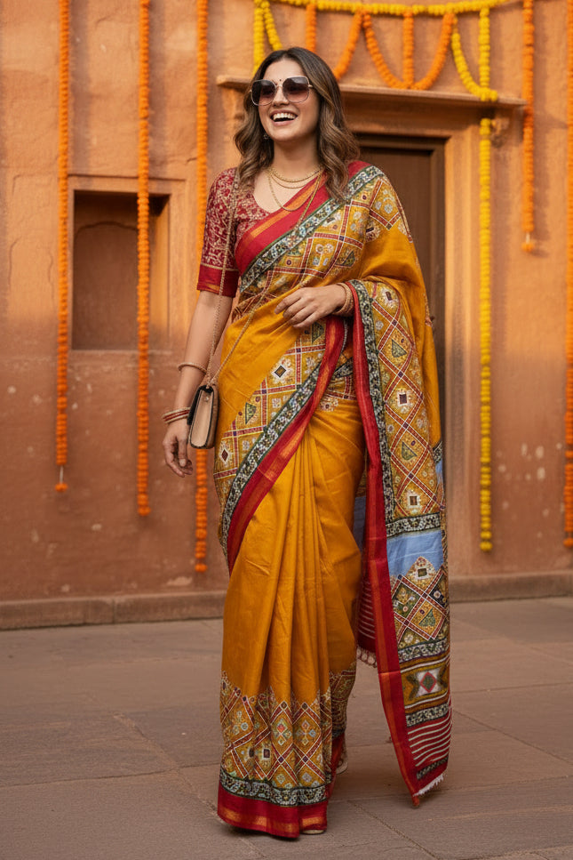 Cotton Printed Zari Border Saree With Unstitched Blouse(Mustard)