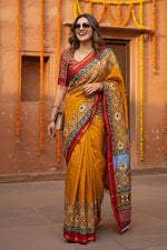 Load image into Gallery viewer, Cotton Printed Zari Border Saree With Unstitched Blouse(Mustard)
