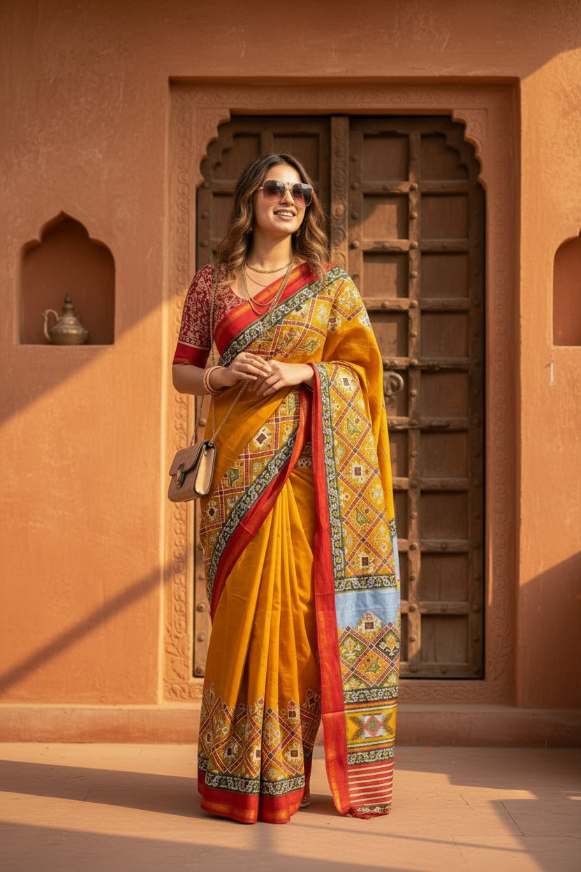 Cotton Printed Zari Border Saree With Unstitched Blouse(Mustard)