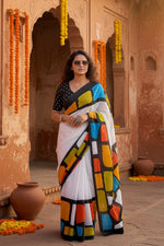 Load image into Gallery viewer, Mulmul Cotton Printed Saree With Unstitched Blouse(Black)
