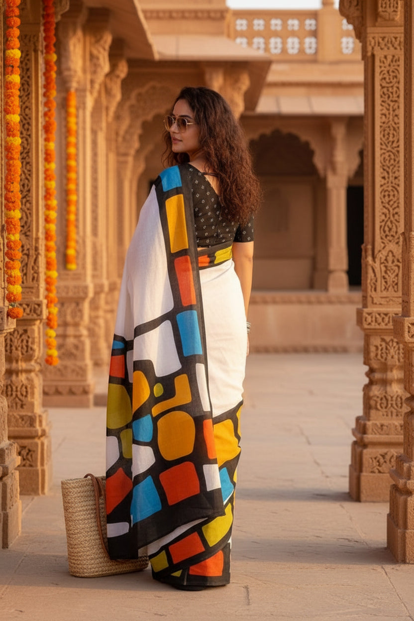 Mulmul cotton printed saree with unstitched blouse(black)