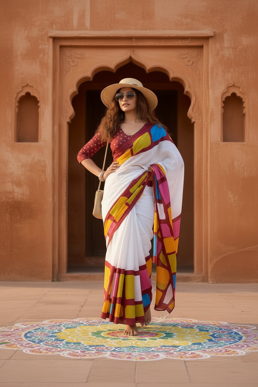 Mulmul cotton printed saree with unstitched blouse(wine)