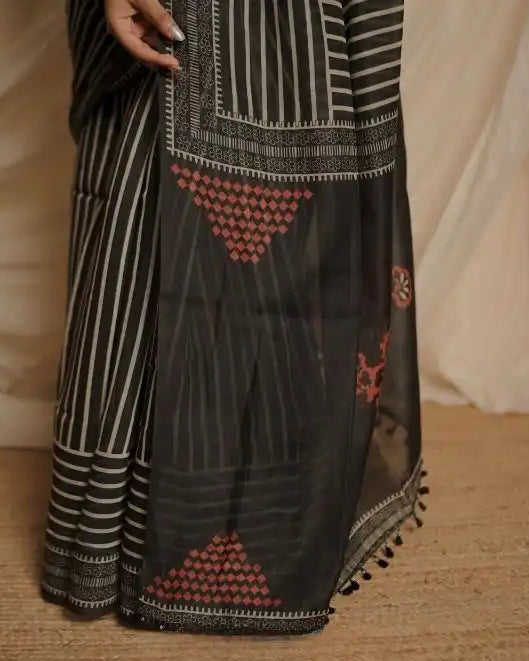 Chanderi Cotton Saree With Unstitched Blouse(Black)