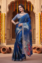 Mulmul Cotton Printed Saree With Unstitched Blouse(Blue)