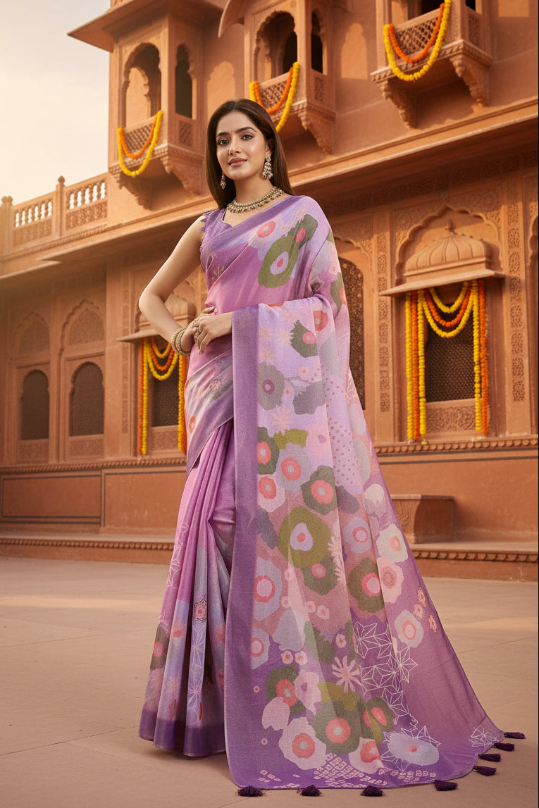 Cotton Printed Saree With Unstitched Blouse(Multicolor)