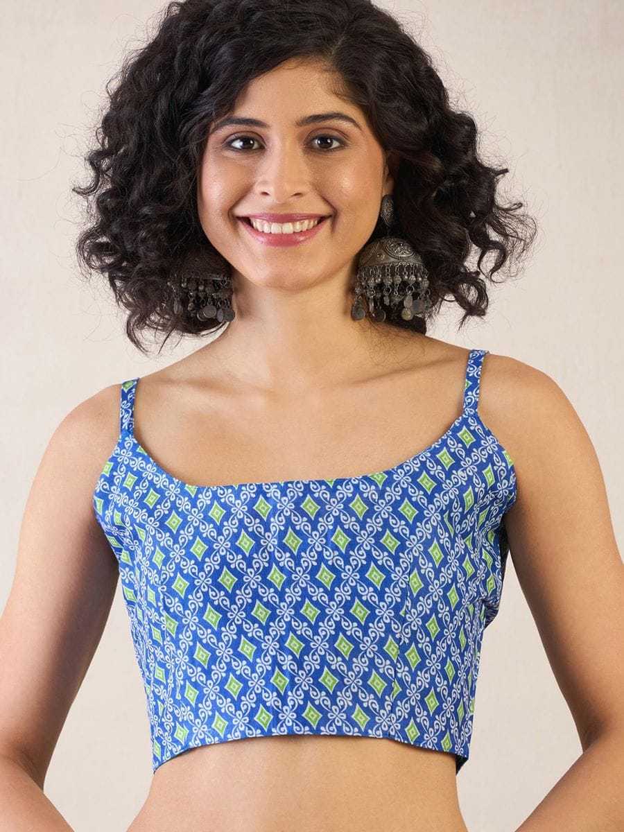 Mulmul Cotton Printed Pocket Saree With Unstitched Blouse(Sky Blue)
