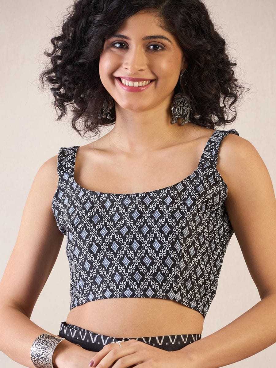 Mulmul Cotton Printed Pocket Saree With Unstitched Blouse(Black)