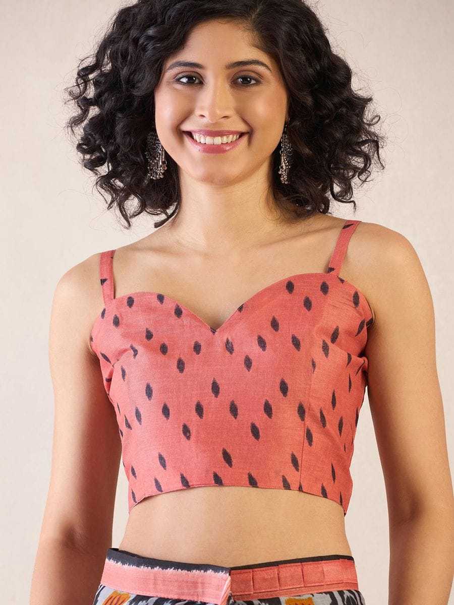 Mulmul Cotton Printed Pocket Saree With Unstitched Blouse(Peach)