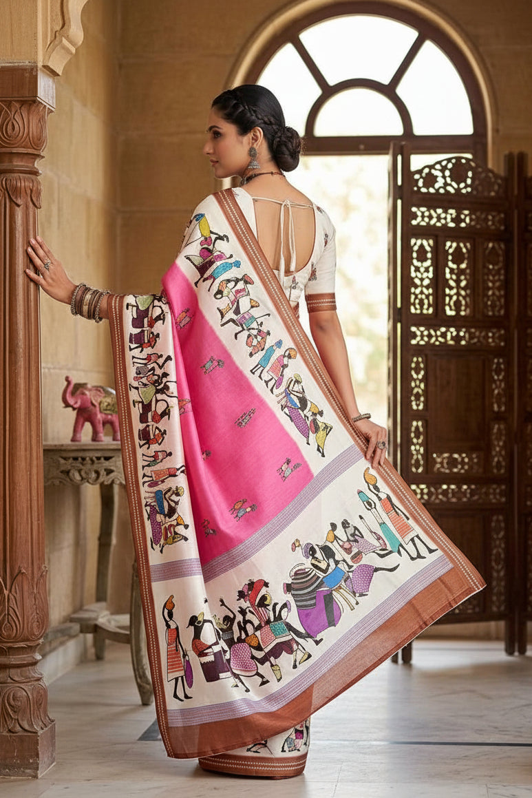Mulmul Cotton Digital Print Saree With Unstitched Blouse(Violet)