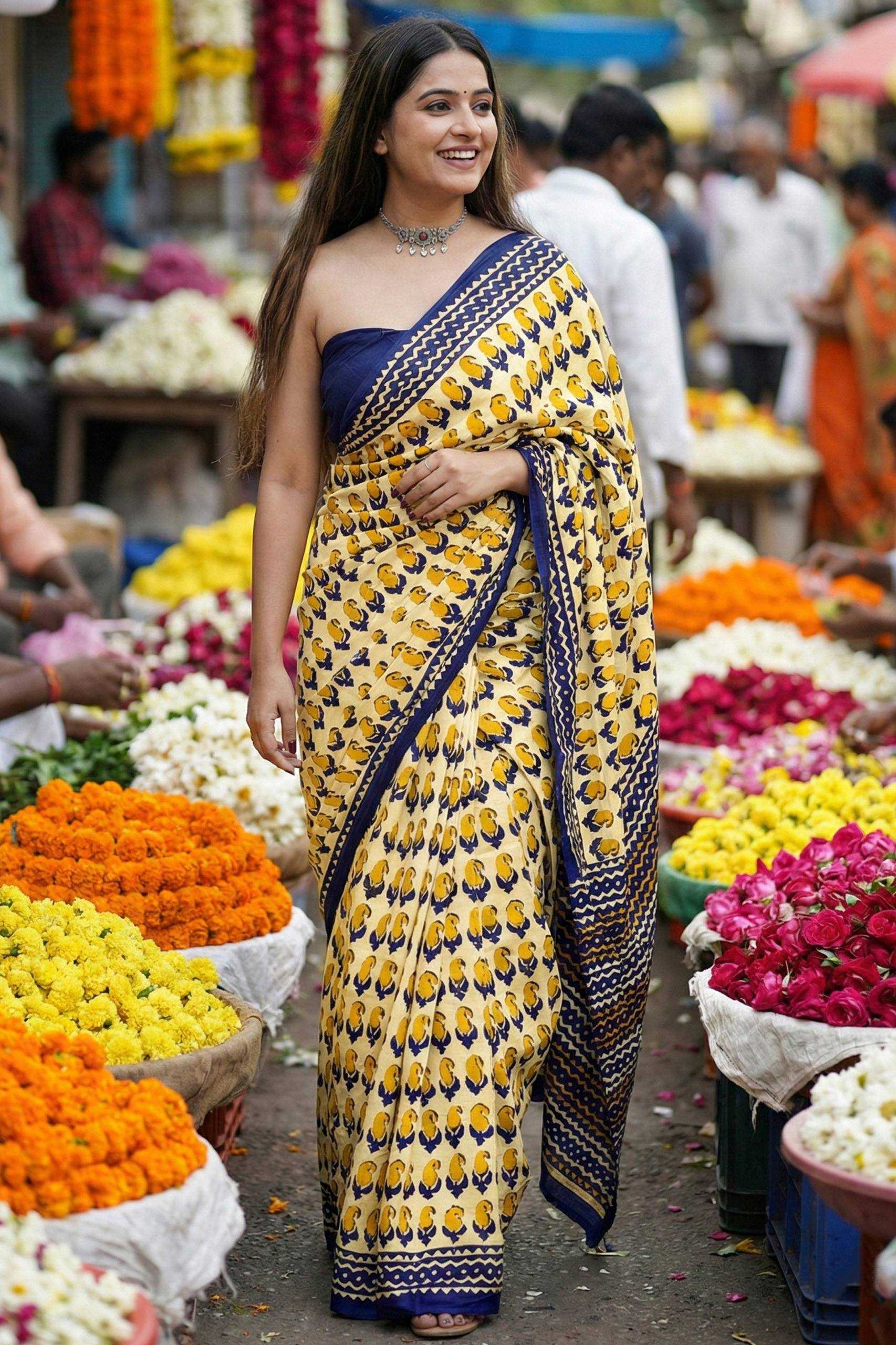 Mulmul Cotton Bagru Block Printed Saree With Unstitched Blouse(Mustard)
