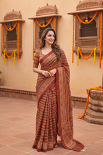 Load image into Gallery viewer, Mulmul Cotton Ajrakh Printed Sarees With Unstitched Blouse(Brown)
