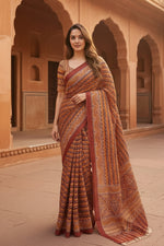 Load image into Gallery viewer, Mulmul Cotton Ajrakh Printed Sarees With Unstitched Blouse(Brown)

