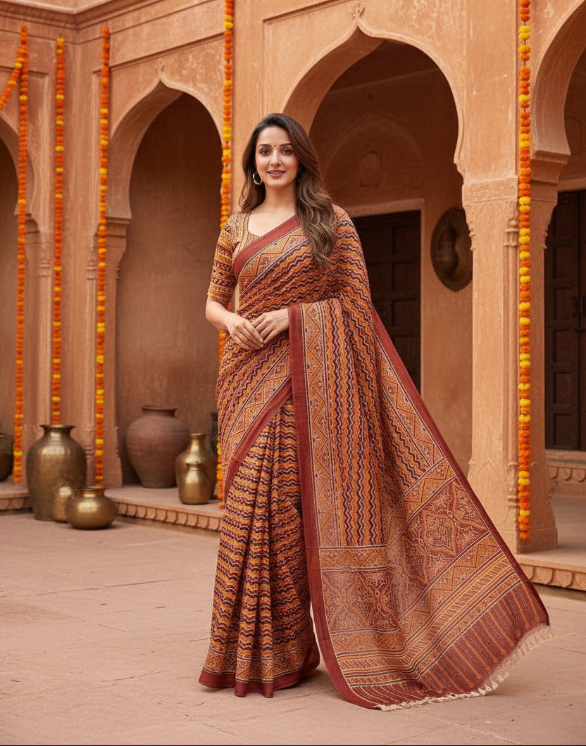 Mulmul Cotton Ajrakh Printed Sarees With Unstitched Blouse(Brown)