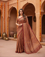 Load image into Gallery viewer, Mulmul Cotton Ajrakh Printed Sarees With Unstitched Blouse(Brown)
