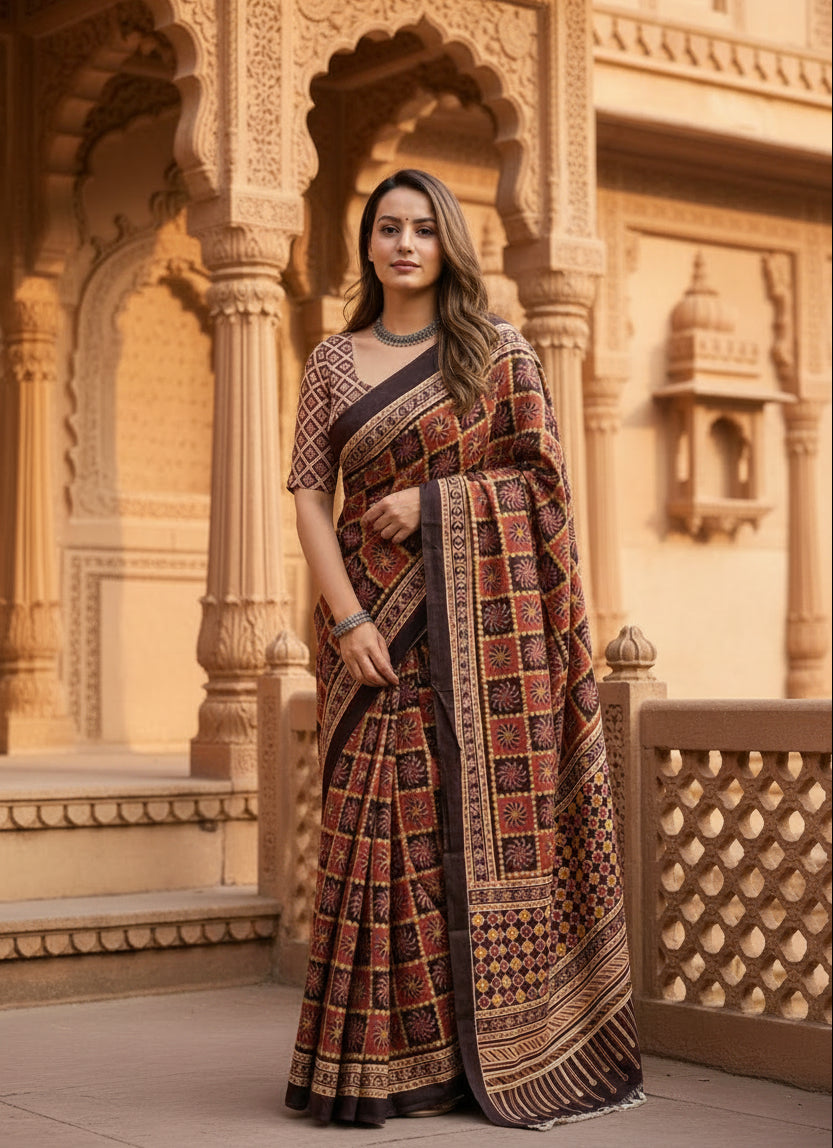 Mulmul Cotton Ajrakh Printed Sarees With Unstitched Blouse (Brown)