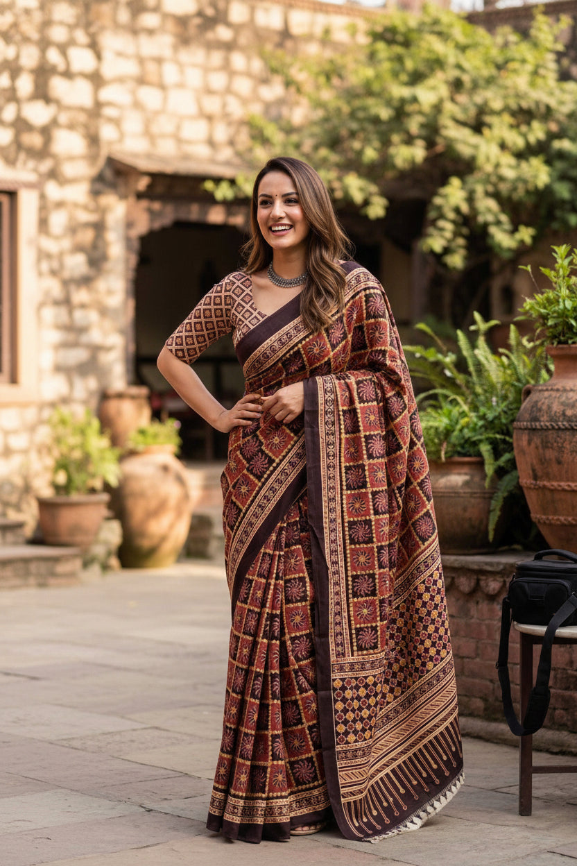 Mulmul Cotton Ajrakh Printed Sarees With Unstitched Blouse (Brown)
